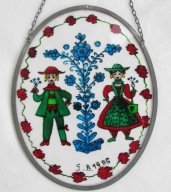 Witraż okienny ludowy * szkło * ręcznie malowany 1986r