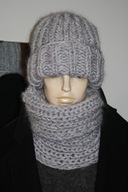 KOMPLET CZAPKA wywijana golf RĘKODZIEŁO MOHER golebi popiel