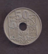 Hiszpania - 50 Centimes 1949 rok - strzałki w dół - poszukiwany typ