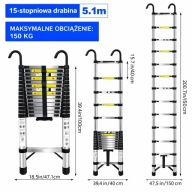 Drabina teleskopowa 150kg 5,1m antypoślizgowa hak mocna stal nierdzewna