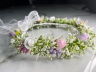 Wianek komunijny różowy fioletowy jak żywy zestaw komunijny