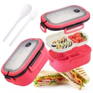 PODWÓJNY LUNCHBOX Z PRZEGRÓDKAMI I SZTUĆCAMI- 21x14,5x8 CM - FUKSJA