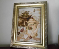 WYPRZEDAŻ 50 % TANIEJ !!! PIĘKNY TKANY GOBELIN W RAMIE KAWA 59 x 45