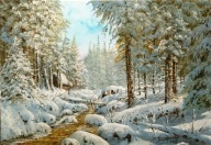 M.Szczepaniak Pejzaż "Zima nad potokiem" 60x40 cm obraz autorski