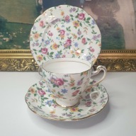 Filiżanka Trio Roslyn Fine Bone China, Anglia, Złocenia, Kwiaty, Vintage