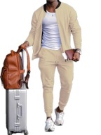 Męski Komplet Old Money Bluza na Zamek + Spodnie ze Sznurkami - Beżowy