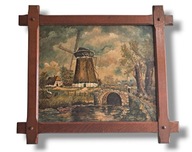 PIĘKNY DUŻY STARY SYGNOWANY OLEJNY OBRAZ PEJZAŻ Z WIATRAKIEM I MOSTEM_1956r
