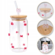 Szklanka,różowe kokardki z cyrkoniami - z rurką i bambusową pokrywką 460 ml