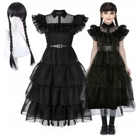 KOSTIUM NA HALLOWEEN WEDNESDAY ADDAMS SUKIENKA + PERUKA PRZEBRANIE r. 110