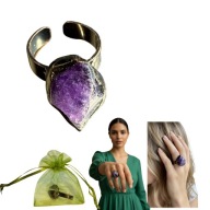 UNIKALNY PIERŚCIONEK KAMIEŃ NATURALNY AMETYST SUROWY REGULOWANY MIEDŹ