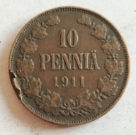 moneta Finlandia pod okupacją 10 pennia 1911 car Mikołaj II (2)