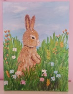 Obraz ręcznie malowany królik na łące kwiaty 30x40 cm dekoracja dziecięca