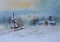 Zima pejzaż kościółek Akwarela Sabina Salamon 35x25