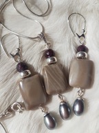 Krzemień pasiasty granat perła komplet srebro 925