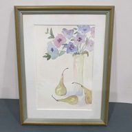 Akwarela w drewnianej ramie z szybą – kwiaty i gruszki, 40×30 cm