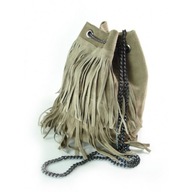 ŚLICZNY ZAMSZOWY WOREK Z FRĘDZLAMI I ŁAŃCUSZKIEM_ZGASZONY BEŻ