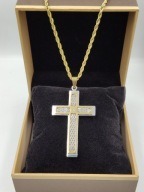 Aisadi złoty łańcuszek męski Kordel+duży krzyż dwukolorowy stal 316L Klasa