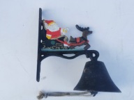 vintage Duży użytkowy DZWON żeliwny Mikołaj z saniami dzwonek