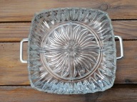 KRYSZTAŁOWY DUŻY KABARET PATERA NA PRZEKĄSKI W PLATEROWYM KOSZYKU VINTAGE