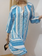 TESSENTIALS biało-niebieska sukienka tunika na lato chwosty boho L