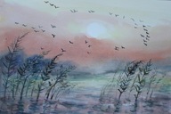 Pejzaż zachód słońca Akwarela Sabina Salamon 27x40