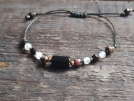 BRANSOLETKA TURMALIN CZARNY,KWARC RÓŻOWY,RODONIT. -RĘKODZIEŁO