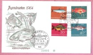 Niemcy 1964, FDC ryby, dorsz, karp, karmazyn, śledź, kat.Mi 22€