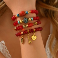 Komplet bransoletek na gumce czerwone z kamieni wieża eiffla sowa CLM52