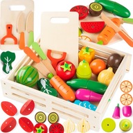 DREWNIANE OWOCE I WARZYWA DO KROJENIA ZESTAW XXL NA MAGNES ZE SKRZYNKĄ 18el