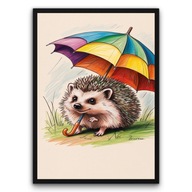 Plakat z ramą 50x70cm Jeż pod parasolem Śmieszny Grafika Bajka Styl Retro