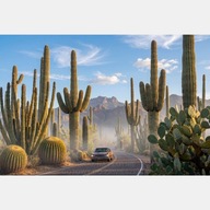 Gigant kaktusy ulica mgła samochód góry pustynia obraz na płótnie 58x85