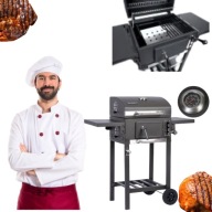 GRILL WĘGLOWY OGRODOWY DUŻY ZAMYKANY REGULOWANY ŻELIWNY RUSZT TERMOMETR
