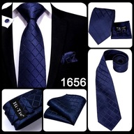 Elegancki Biznesowy Zestaw Krawat Poszetka Spinki - Niebieski