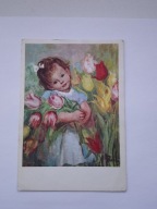 Obraz - Dziecko, dziewczynka wśród tulipanów - pocztówka włoska