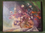 Wazon z kwiatami - Stary duży obraz olejny ręcznie malowany na płótnie