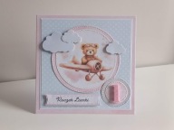 Personalizowana Kartka na urodziny roczek ręcznie robiona miś w samolocie