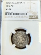 Austria 3 krajcary 1670 NGC MS64 Piękny stan