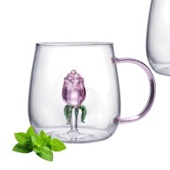 Szklanka ze szklanym tulipanem w środku, różowa rączka 400ml