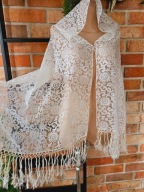 szal chusta chustka koronkowa kwiaty frędzle 52x155cm