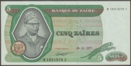 Zair 5 zairów 1977 - Mobutu Sese Seko - stan bankowy UNC
