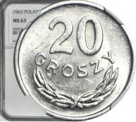 20 groszy 1963, mennicze / NGC MS63 / Pięknie zachowane ! / P208d
