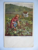 ZAGINIONY ŚWIAT MAŁA GOSPODYNI DOMOWA W OGRÓDKU przedwojenna POCZTÓWKA