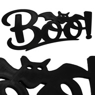 Napis BOO HALLOWEEN – Czarna Dekoracja Ścienna z Nietoperzem