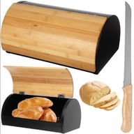 CHLEBAK DUŻY CZARNY DREWNIANY BAMBUSOWY POJEMNIK + NÓŻ 35X22,5X16,5 CM