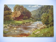 ZAGINIONY ŚWIAT WĘDKOWANIE NAD STRUMYKIEM CHATA przedwojenna POCZTÓWKA