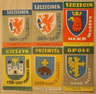 ETYKIETY ZAPAŁCZANE - POLSKA, HERBY - MIAST, MIASTA - ZESTAW 6 SZTUK