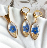 Złoty komplet biżuterii z niezapominajkami, stal, wiosenna biżuteria