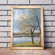 PLAKAT A3 pejzaż drzewo jezioro łódka