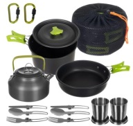 ZESTAW NACZYŃ TURYSTYCZNYCH 18w1 GARNEK PATELNIA KUBKI CZAJNIK SZTUĆCE