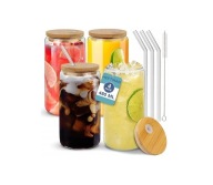Szklanki 480ml Ze Słomkami Pokrywki Bambusowe Zestaw 4